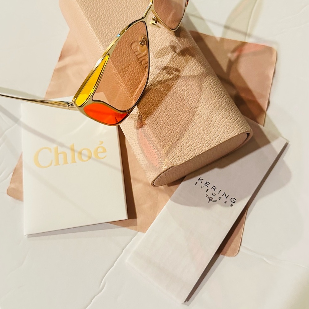 Chloé Sunglasses Gold Cat Eye Frame Dark Brown Lens CH0049S - Picture 8 of 12